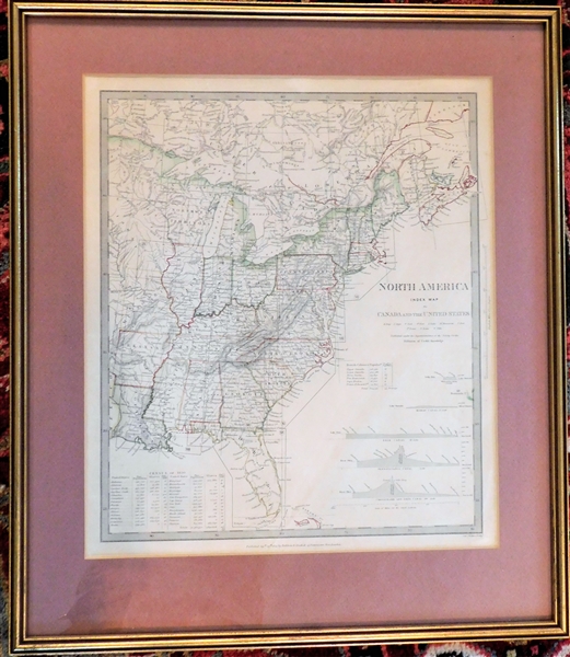 North America Index Map of Canada and The United States - Dated 1834 by Baldwin and Gradock - Framed and Matted - Frame Measures 20 3/4" by 18"