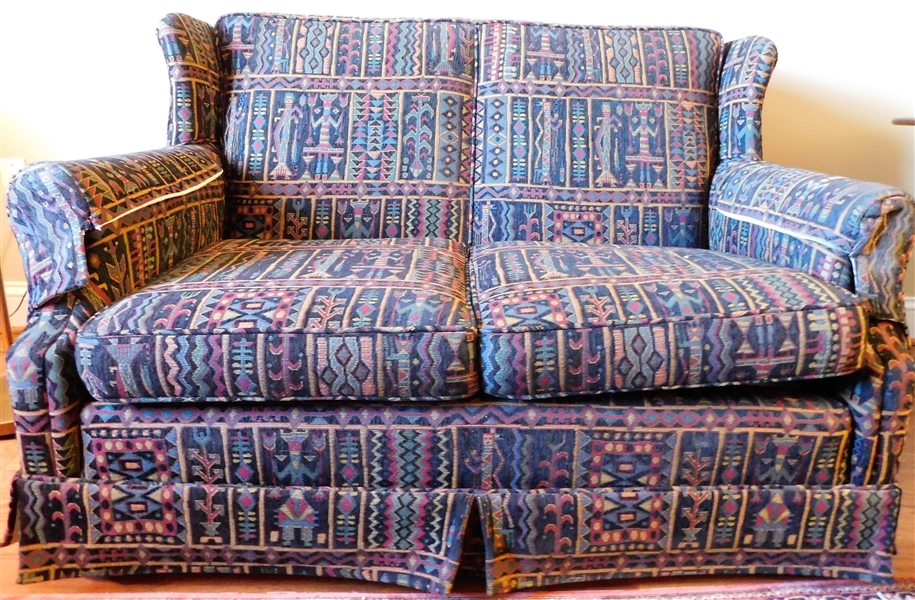 Nicely Upholstered with Tribal Pattern Material Love Seat - Removable Arm Covers - 33" tall 51" long by 31" Deep 