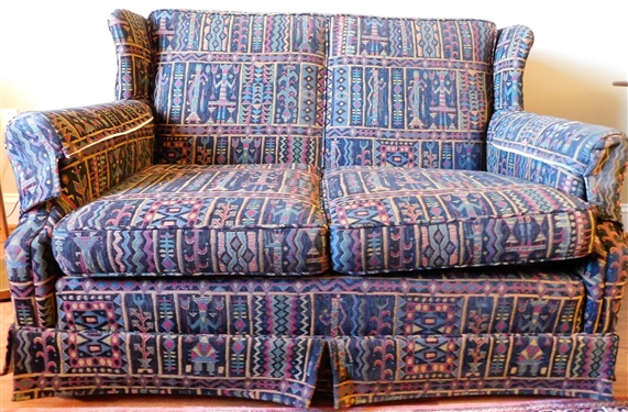 Nicely Upholstered with Tribal Pattern Material Love Seat - Removable Arm Covers - 33" tall 51" long by 31" Deep 