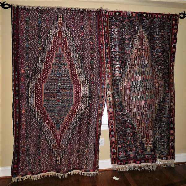 Pair of Awesome Hand Woven Carpet Drapes with Hammered Copper Rod - Each Panel Measures 90" by 51"  - Rod Is approx. 9ft