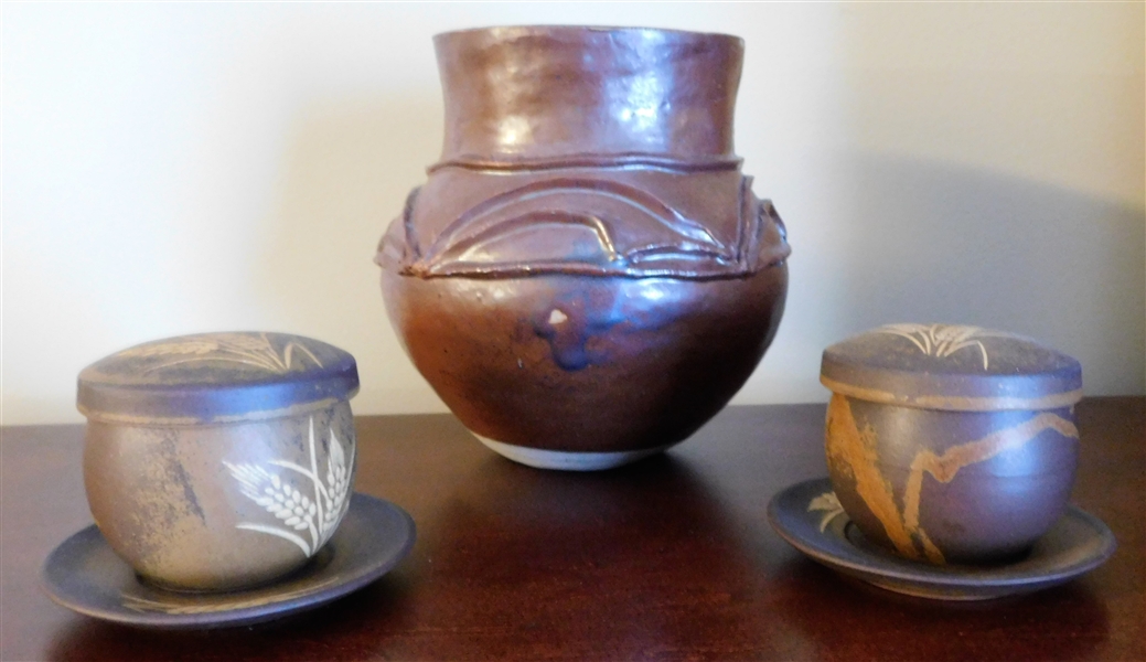 Geometric Applied Design Art Pottery Vase - Brown Glaze - 8" Tall and 2 Pottery Lidded Bowls with Underplates 