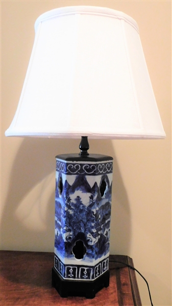 Asian Blue and White Lamp with Houses and Village Scene - 24 1/2" Tall with Blue and White Stone Finial 