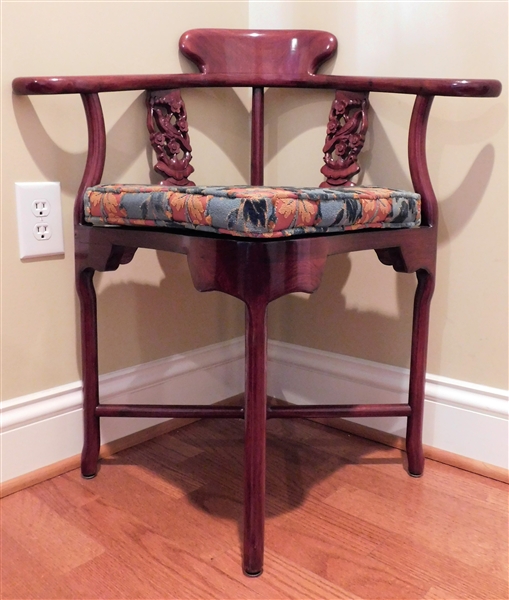 Wood Corner Chair with Carved Bird and Flowers - Custom Fitted Seat - 32 1/2" tall 30" by 21"