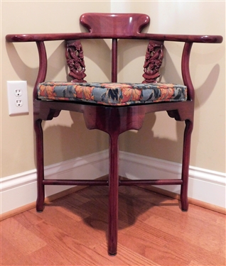 Wood Corner Chair with Carved Bird and Flowers - Custom Fitted Seat - 32 1/2" tall 30" by 21"
