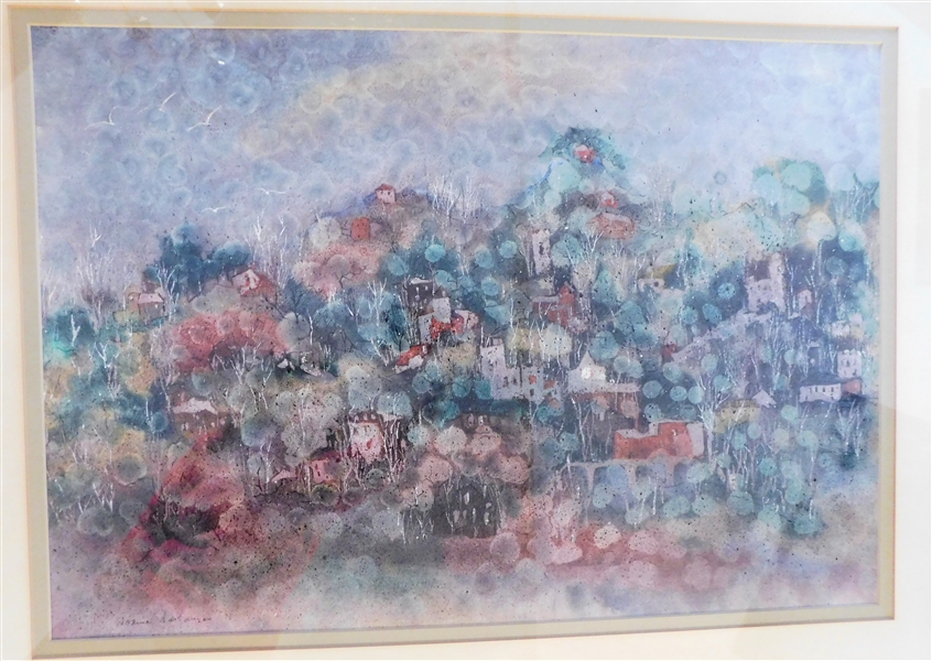 North Carolina Artist Nadine Vartanian (1924 -2015) Abstract Watercolor Painting of Houses  and Trees - Framed and Matted - Frame Measures 32" by 40" - Dated 76