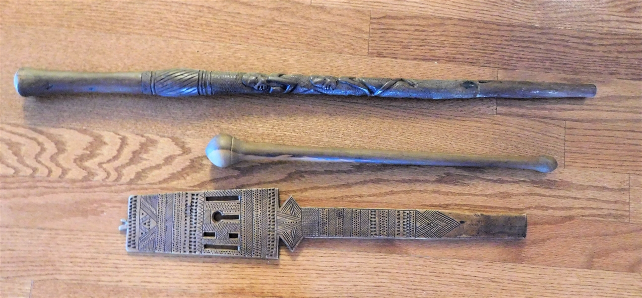 African Wood Carved Items including Hand Carved Iron Wood Cane - 34"  long, Paddle 24", and Other Wood Piece