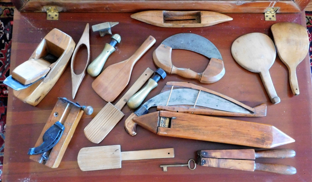 Collection of Wooden and Other Hand Tools including Shuttles, Wood Plane, Jewelers Anvil, and Others