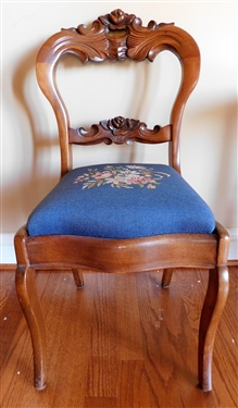 Walnut Floral Carved Side Chair with Needlepoint Seat 