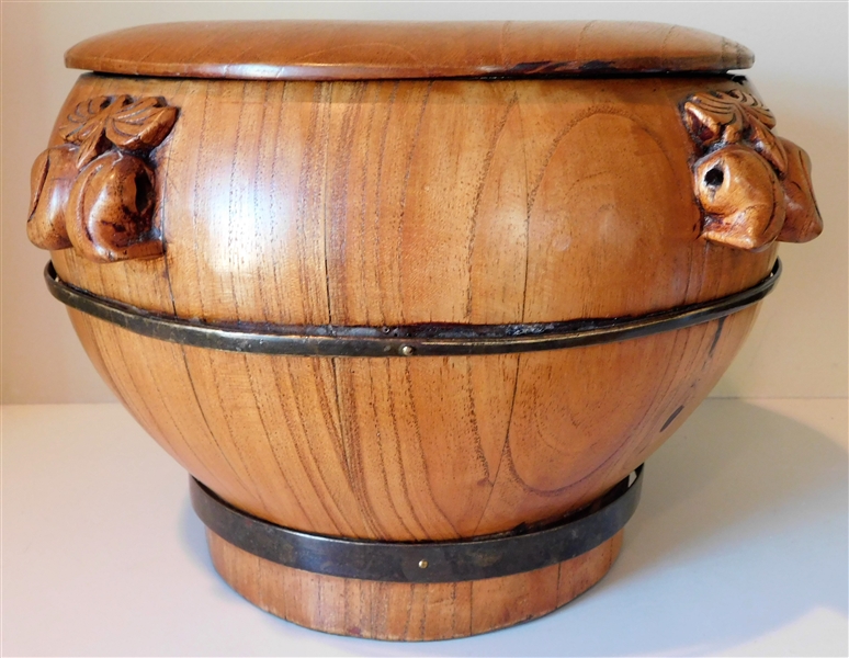 Wood Bucket with Lid - Metal Bands - Carved Details - 9" tall 10" across