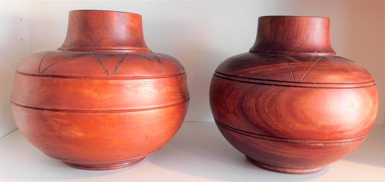 Pair of Mahogany Pfuko Turned Wood Vases - 7" Tall 7" at widest Point