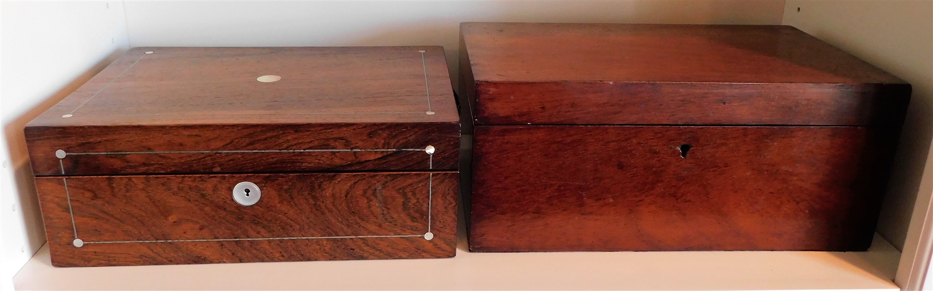 2 Wooden Document Boxes - I with Mother of Pearl Inlay - Some Veneer Damage, Other Velvet Lined Measures 5" 12" by 7"