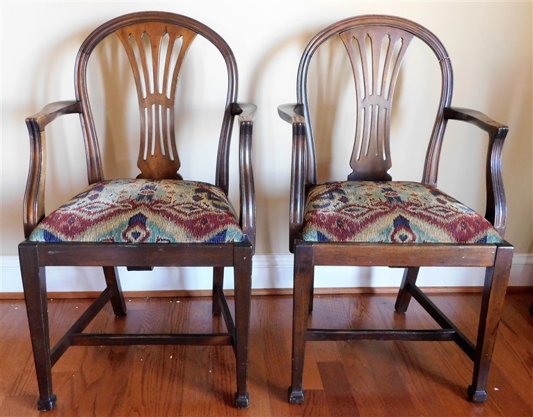 Pair of Shield Back Arm Chairs with Beautiful Upholstered Seats - 37" tall 21" Arm to Arm 17" Deep - One Back Has Been Repaired