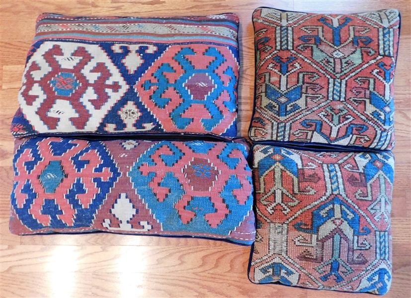 4 Throw Pillows Made From Hand Woven Carpets Pair of 23" by 14" and 2 Other Smaller 