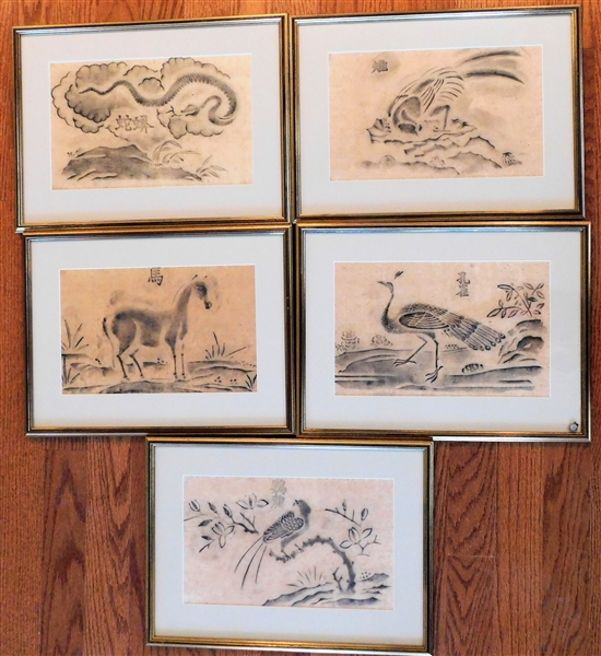 Group of 5 Oriental Rubbings -in Corner - Asian Script  Framed and Matted - Frames Measure 13 1/2" by 18" - From Tyndall Gallery, Durham, NC