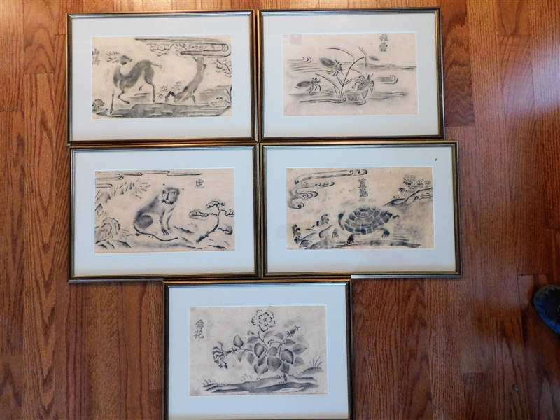 Group of 5 Oriental Rubbings -in Corner - Asian Script  Framed and Matted - Frames Measure 13 1/2" by 18" - From Tyndall Gallery, Durham, NC