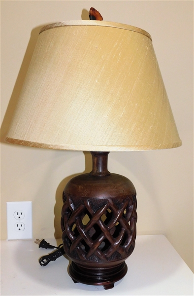 Wood Carved Table Lamp Open Woven Style  - Stone Finial - 24" tall 