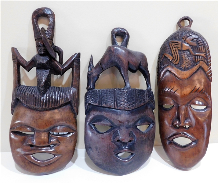3 Wood Carved Masks - 12" - 13" Long - Mask with Animal Has Some Damage 