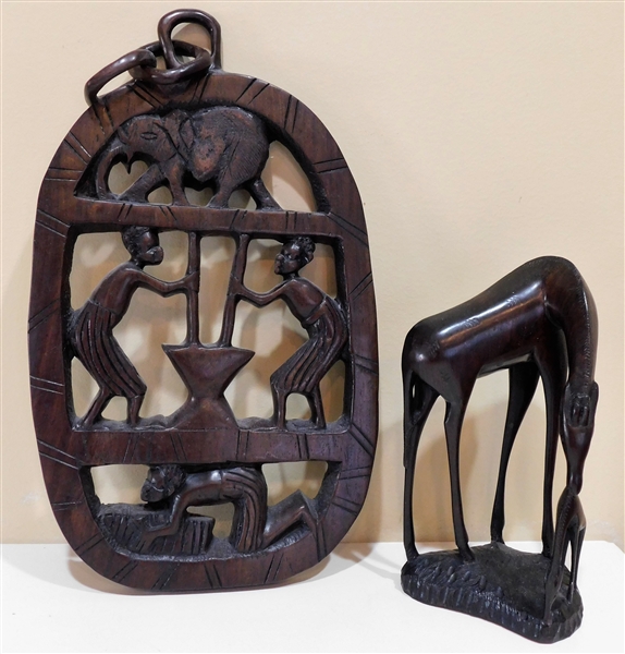 Iron Wood Carved Giraffes - 8" tall and Carved Wood Plaque - 16" including Wood Hanging Rings