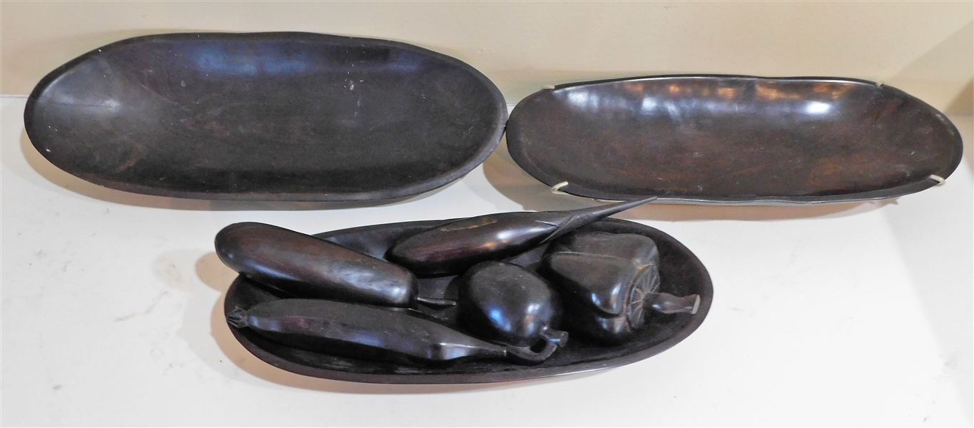 3 Iron Wood Carved Oval Trays and Iron Wood Carved Fruit including 7" Banana
