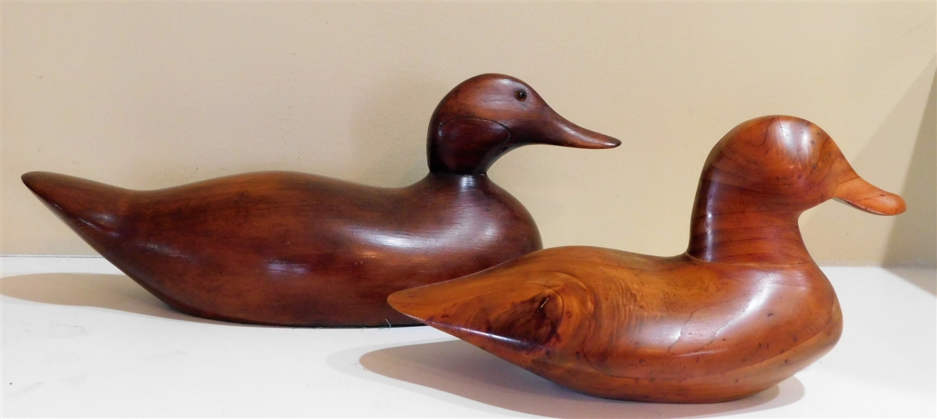 2 Wood Carved Ducks 16" with Glass Eyes and Other with Tag ""Ruddy Duck" In Appreciation Charles T. Hamilton "  