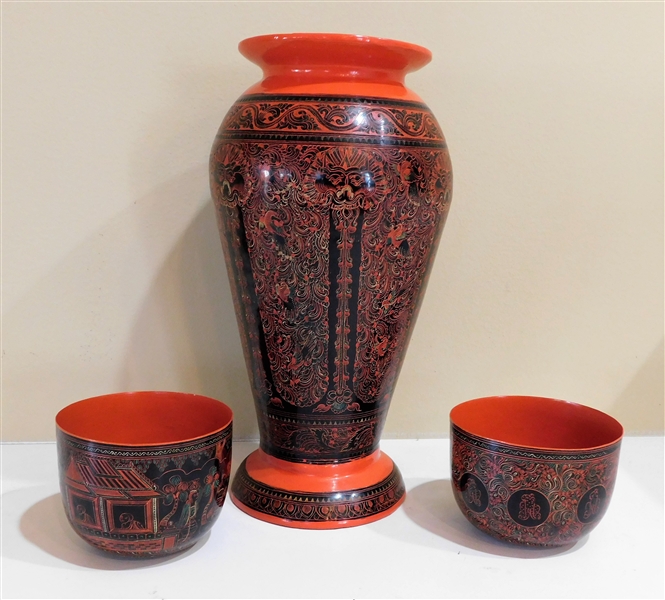 Lacquer Decorated Vase and 2 Bowls - Vase Measures 11 1/2" tall Bowls 3" tall 4" Across - 1 Bowl is Cracked 