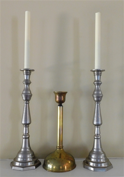 Pair of 14 1/2" Pewter Candle Sticks and Single Brass Candle Stick