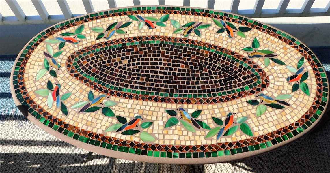Beautiful Mosaic Top Oval Table with Birds and Leaves - Metal Base - 17" tall 41" by 21"