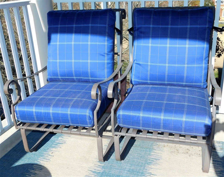 Pair of Very Nice Metal Spring Chairs with Metal Straps - Blue Plaid Cushions 