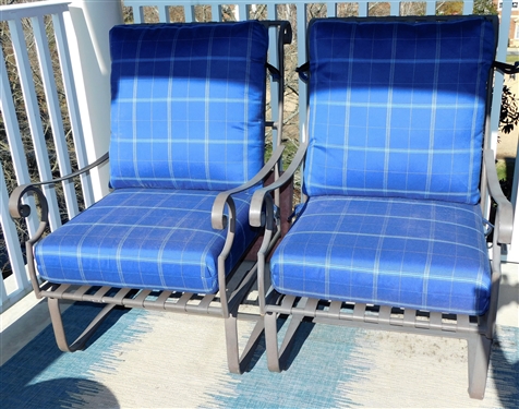 Pair of Very Nice Metal Spring Chairs with Metal Straps - Blue Plaid Cushions 