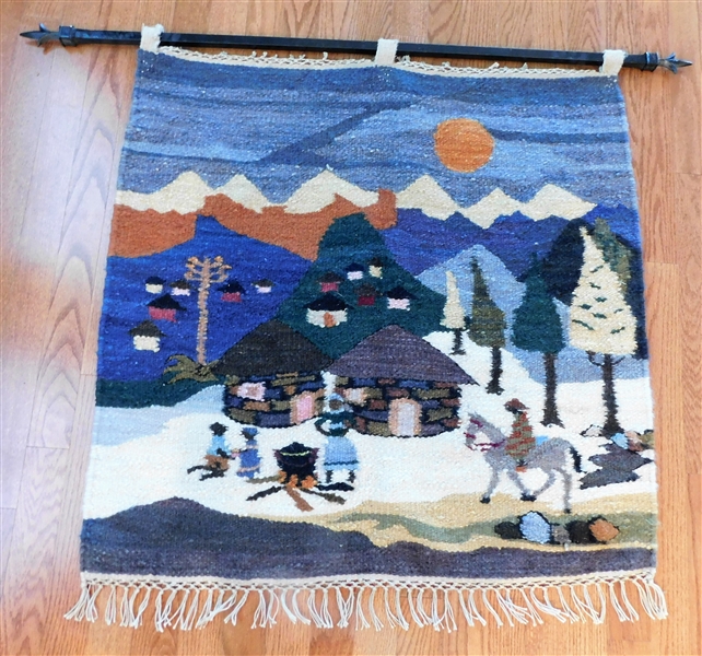 Hand Woven Textile Wall Hanging with Village Scene - On Heavy Iron -39" by 40"