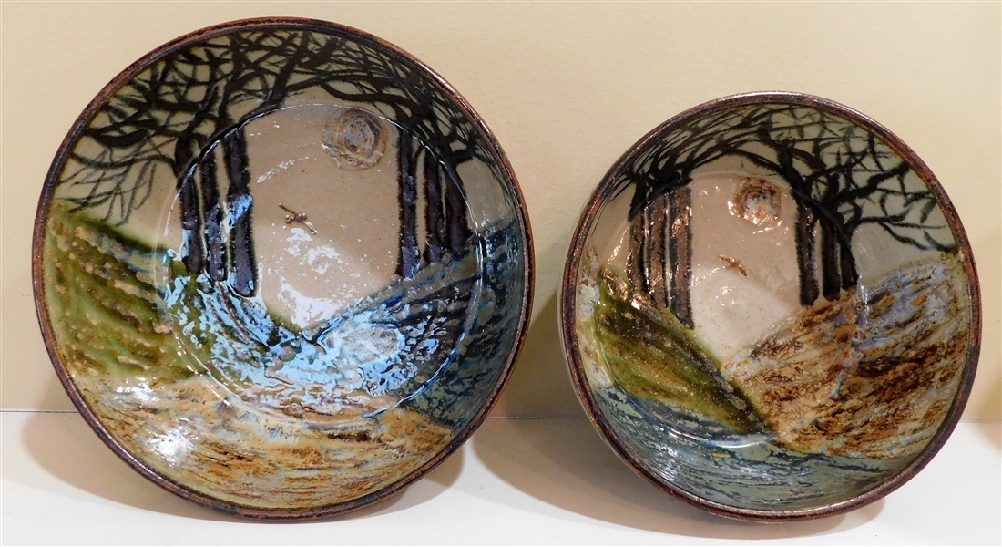 2 Beautiful Janet Resnick Art Pottery Bowls with Trees and Moon - 8" and 9" 
