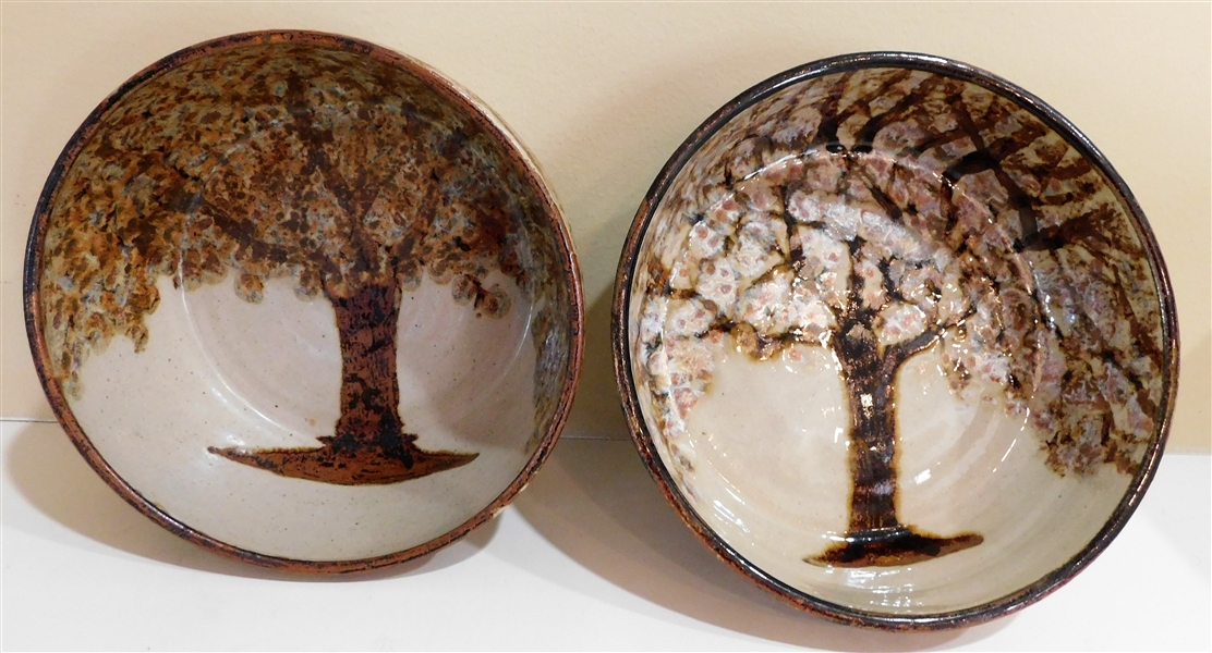 2 Beautiful Janet Resnick Art Pottery Bowls with Trees with White Flowers - 8" Across