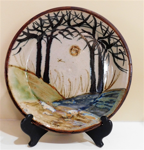 Beautiful Janet Resnick Art Pottery Plate - With Trees, Moon, and Water 10" Across