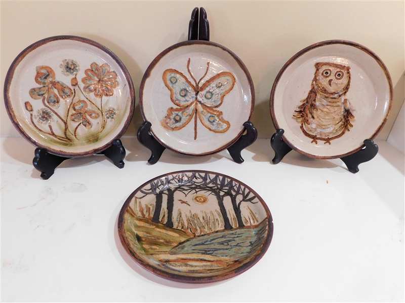 4 Janet Resnick Art Pottery Plates - Owl, Butterfly, and Flowers All Perfect and Water Scene with Small Chip - 8" across