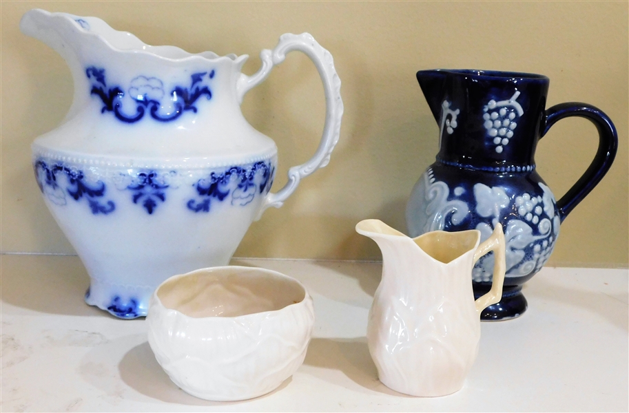 2 Pieces of Belleek (Cream and Sugar Bowl), Made in France Blue and White Pitcher 7" and Other Blue Transferware Pitcher