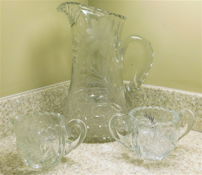 Flower Etched Cut Crystal Pitcher 10" tall and Crystal Cream and Sugar 