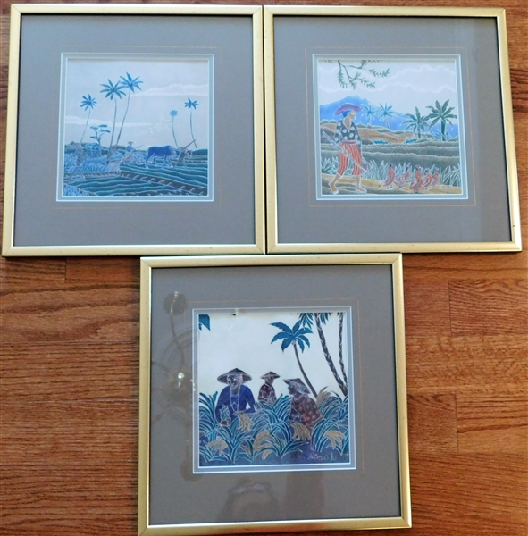 Set of 3 Indonesian Batik Paintings -Framed and Matted - Frames Measure 13 1/2" by 13 1/2"