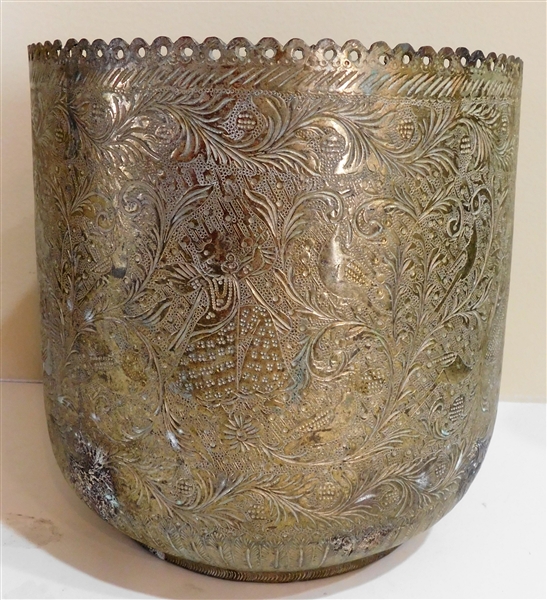 Hand Engraved Oriental Brass Planter with Figures, Birds, and Flowers -8" tall 8 1/2" Across