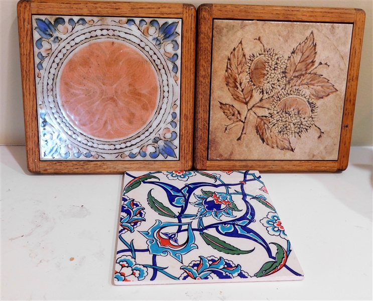 3 Art Pottery Tile Trivets - 2 in Wood Frames Measuring 9 1/2" by 9 1/2"