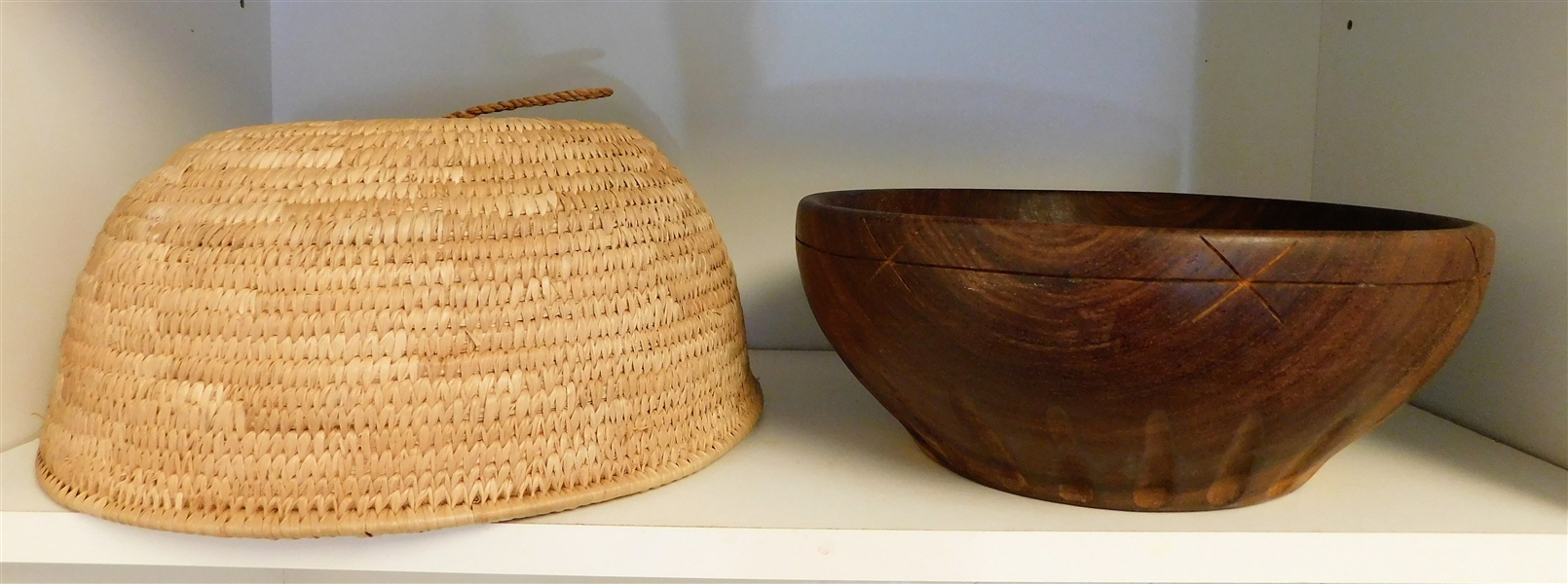 Turned Wood Carved Bowl and Finely Woven Basket Weave Food Cover 