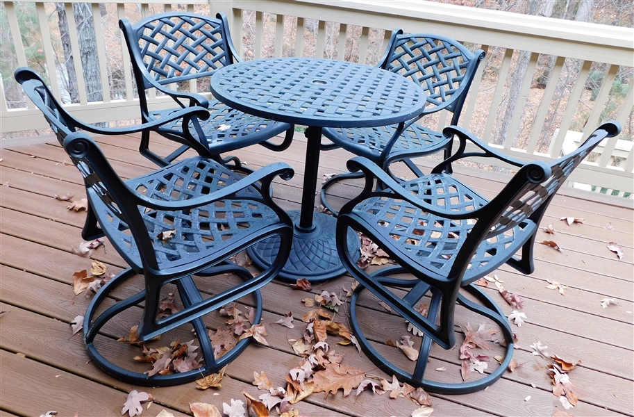 Alumnium Basketweave Patio Table and 4 Swivel Chairs - Table Measures 29" tall 30" Across