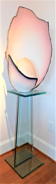 Large Ovoid Shaped Glass and Ceramic  Sculpture By Artist  Doug Anderson (Signed on Bottom) - on Glass Pedestal - Sculpture Measures 34" tall by 19" across  - Pedestal Measures - 36" tall 12" by 12"