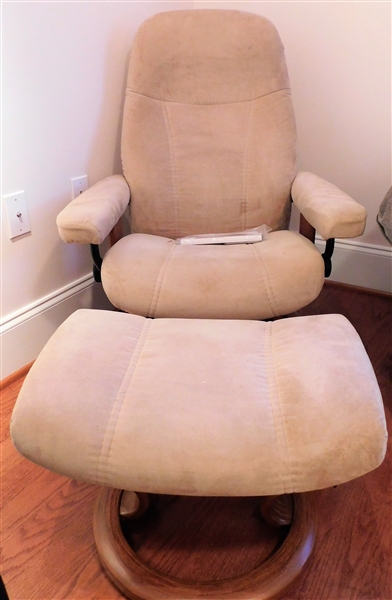 Ekornes Stressless Microfiber Chair and Matching Ottoman - Tan Microfiber Upholstery with Wood Base - with Instruction Book - 37" tall 28" by 23"