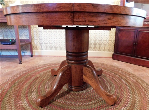 Round Oak Table with 3 Leaves - 45 Across -29 Tall - Leaves Measure 10 Across - Top Shows Minimal Ware Consistent with Age