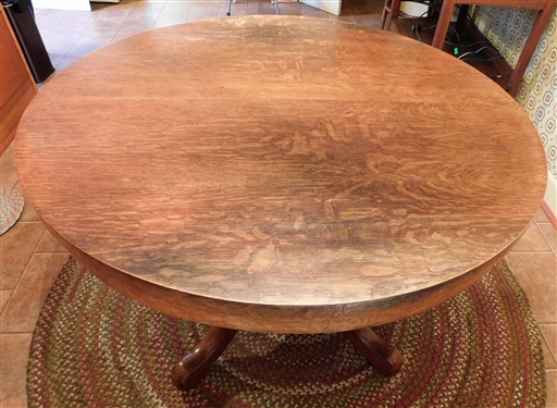 Round Oak Table with 3 Leaves - 45 Across -29 Tall - Leaves Measure 10 Across - Top Shows Minimal Ware Consistent with Age