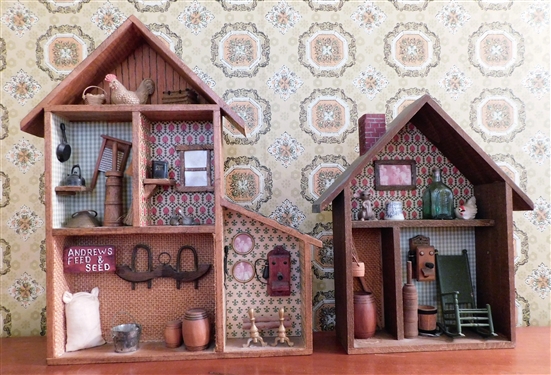 2 Miniature Folk Houses with Miniature Furniture, Photograph, Telephone, Churn - 12 tall and 9 1/2 tall - 