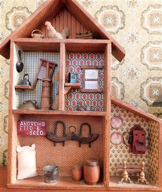 2 Miniature Folk Houses with Miniature Furniture, Photograph, Telephone, Churn - 12 tall and 9 1/2 tall - 