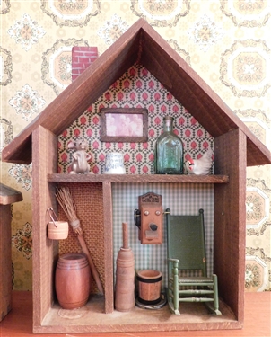 2 Miniature Folk Houses with Miniature Furniture, Photograph, Telephone, Churn - 12 tall and 9 1/2 tall - 