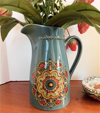 9 Blue Decorated Pitcher and Made in Italy Ash Tray Has Chip 