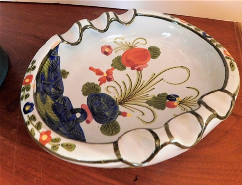 9 Blue Decorated Pitcher and Made in Italy Ash Tray Has Chip 